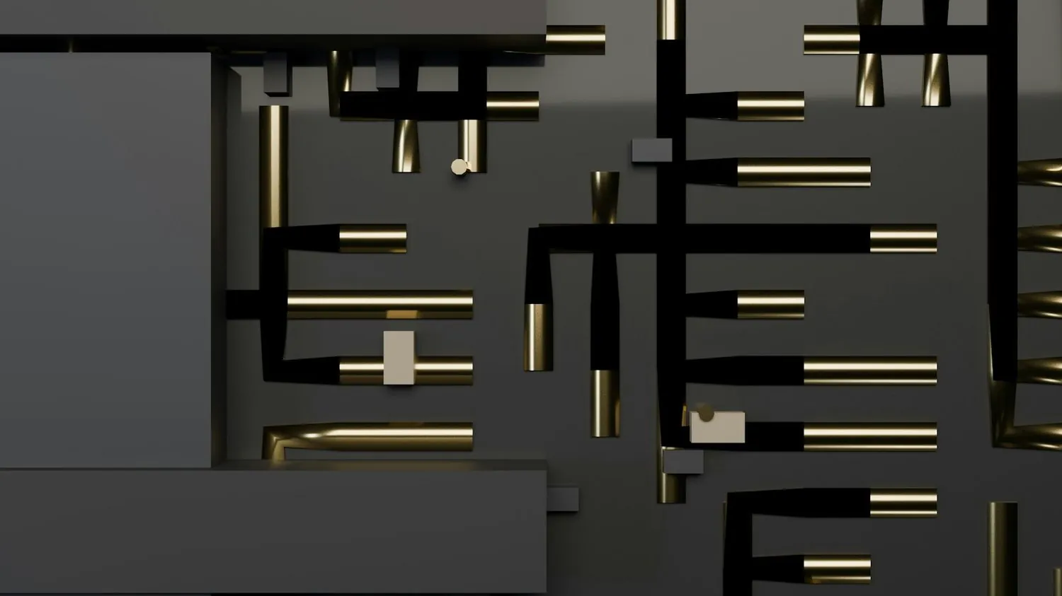Interlocking gold and dark forms, pieces meeting where they align